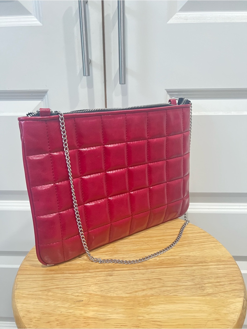 Zara Quilted Red Leather Crossbody with Silver Chain